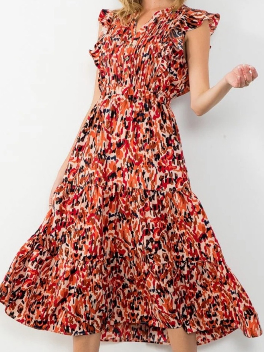 THML Abstract Dotted Flutter Sleeve Tiered Maxi Dress